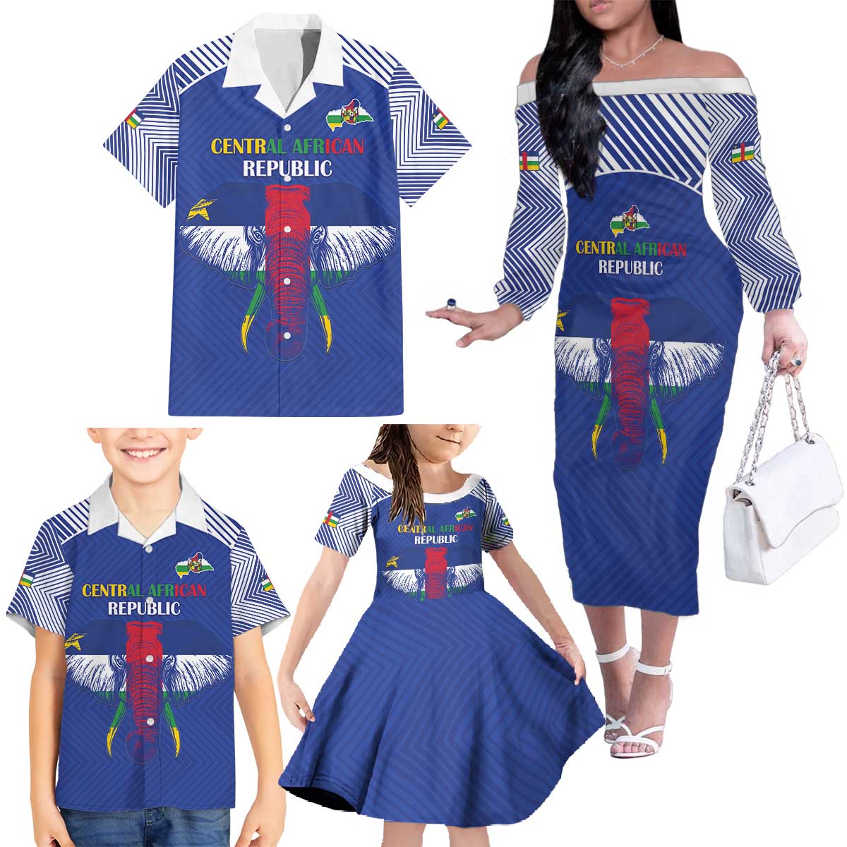 Custom Central African Republic Football Family Matching Off The Shoulder Long Sleeve Dress and Hawaiian Shirt Go Champions - Wonder Print Shop