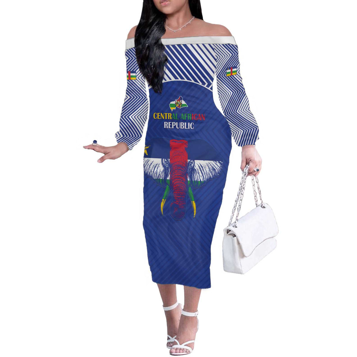 Custom Central African Republic Football Off The Shoulder Long Sleeve Dress Go Champions - Wonder Print Shop