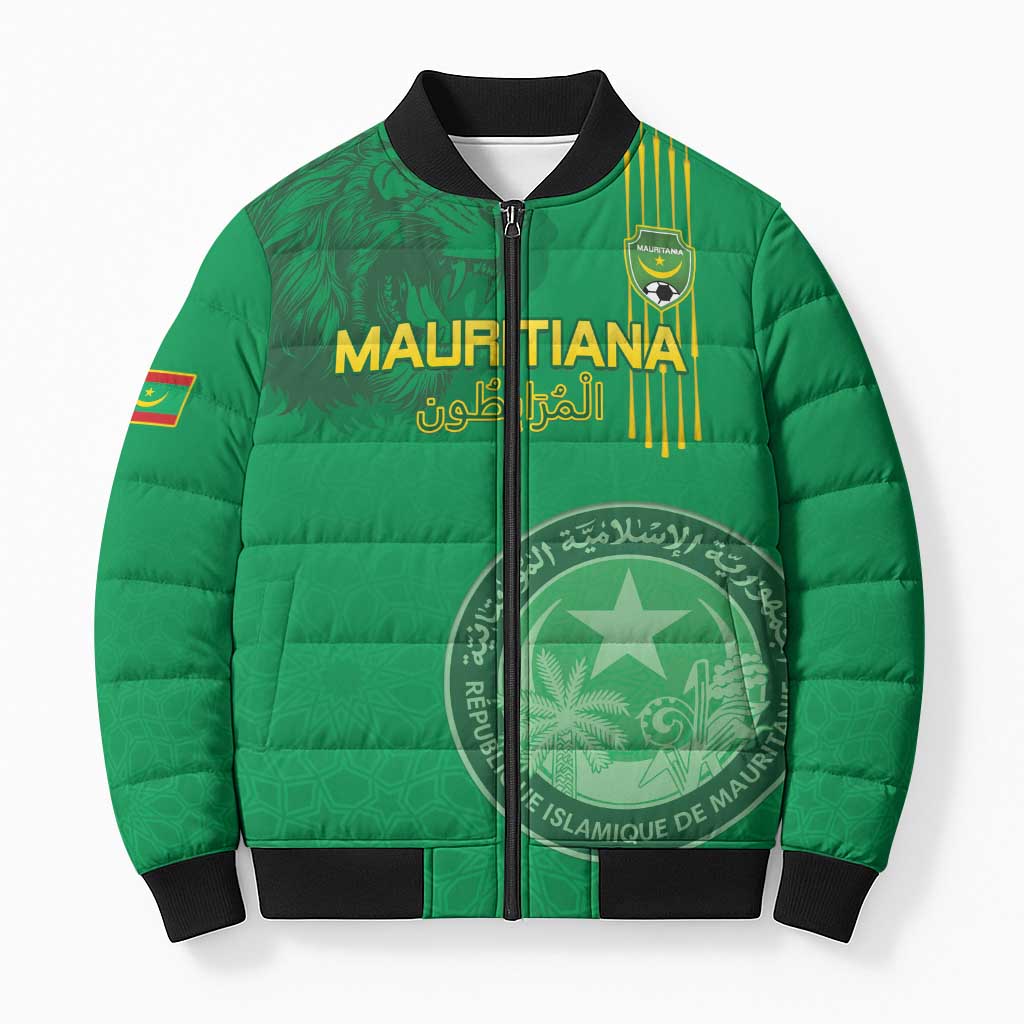 Custom Mauritania Football Bomber Puffer Jacket Coat Of Arms With Islamic Pattern - Wonder Print Shop