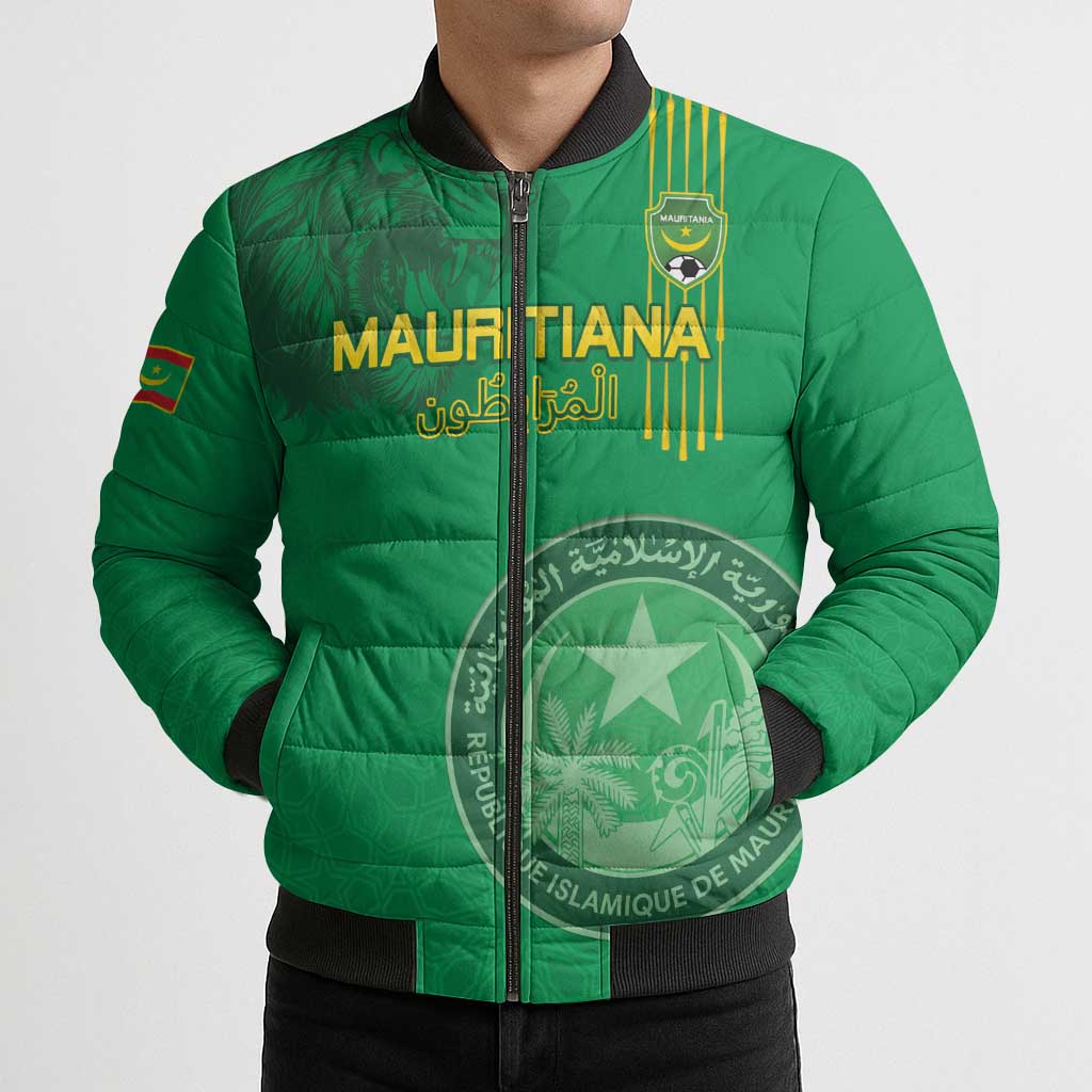 Custom Mauritania Football Bomber Puffer Jacket Coat Of Arms With Islamic Pattern - Wonder Print Shop