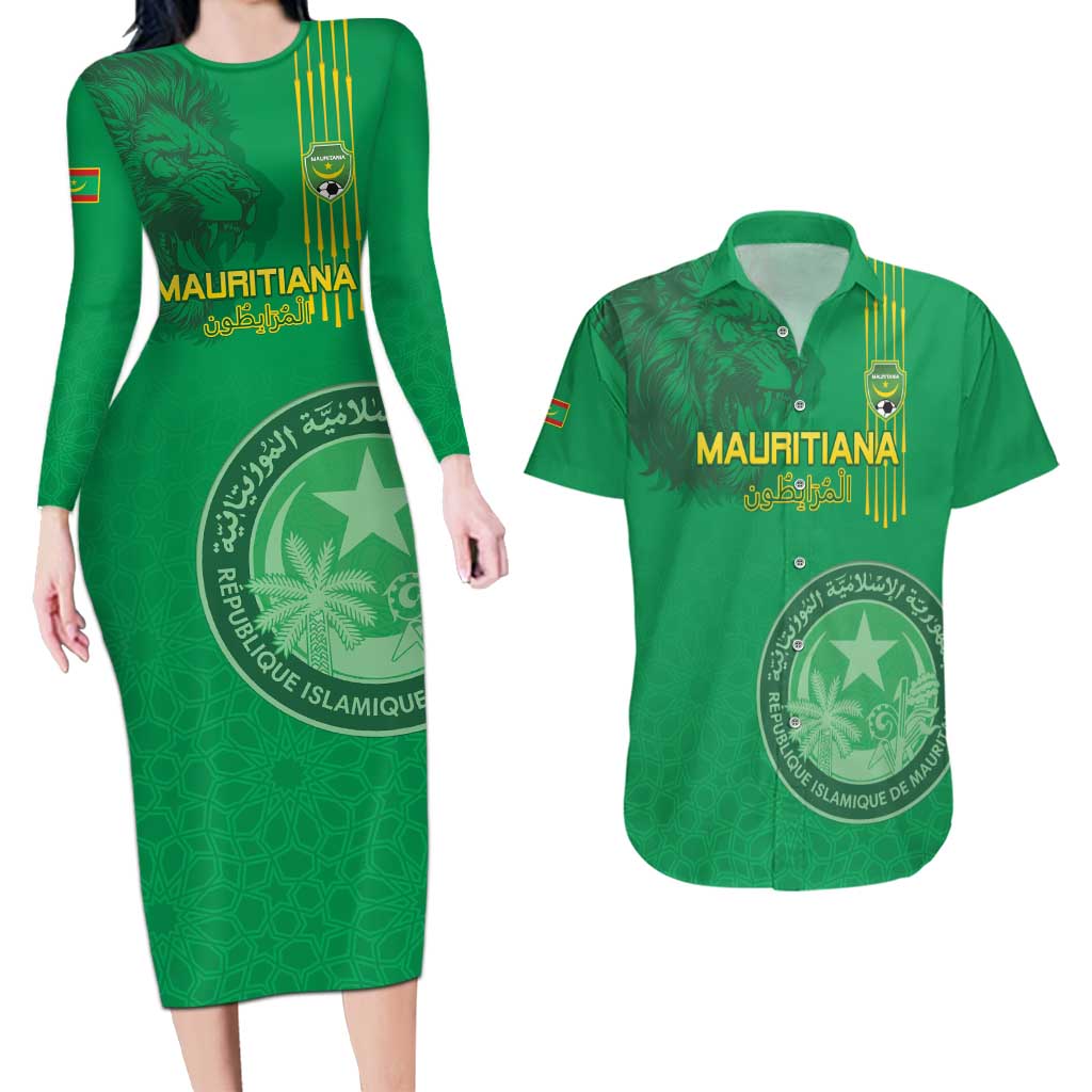 Custom Mauritania Football Couples Matching Long Sleeve Bodycon Dress and Hawaiian Shirt Coat Of Arms With Islamic Pattern - Wonder Print Shop