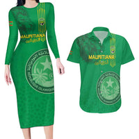 Custom Mauritania Football Couples Matching Long Sleeve Bodycon Dress and Hawaiian Shirt Coat Of Arms With Islamic Pattern - Wonder Print Shop