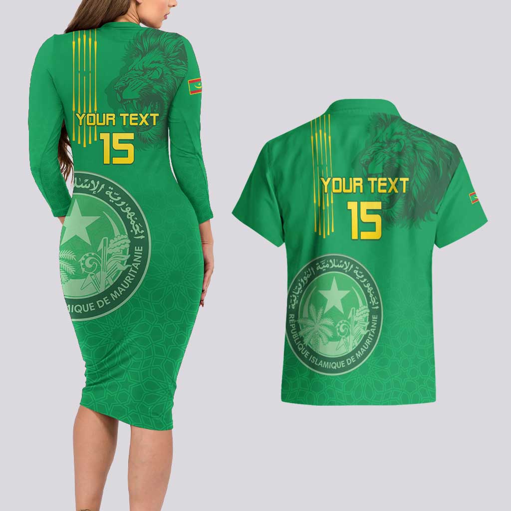 Custom Mauritania Football Couples Matching Long Sleeve Bodycon Dress and Hawaiian Shirt Coat Of Arms With Islamic Pattern - Wonder Print Shop