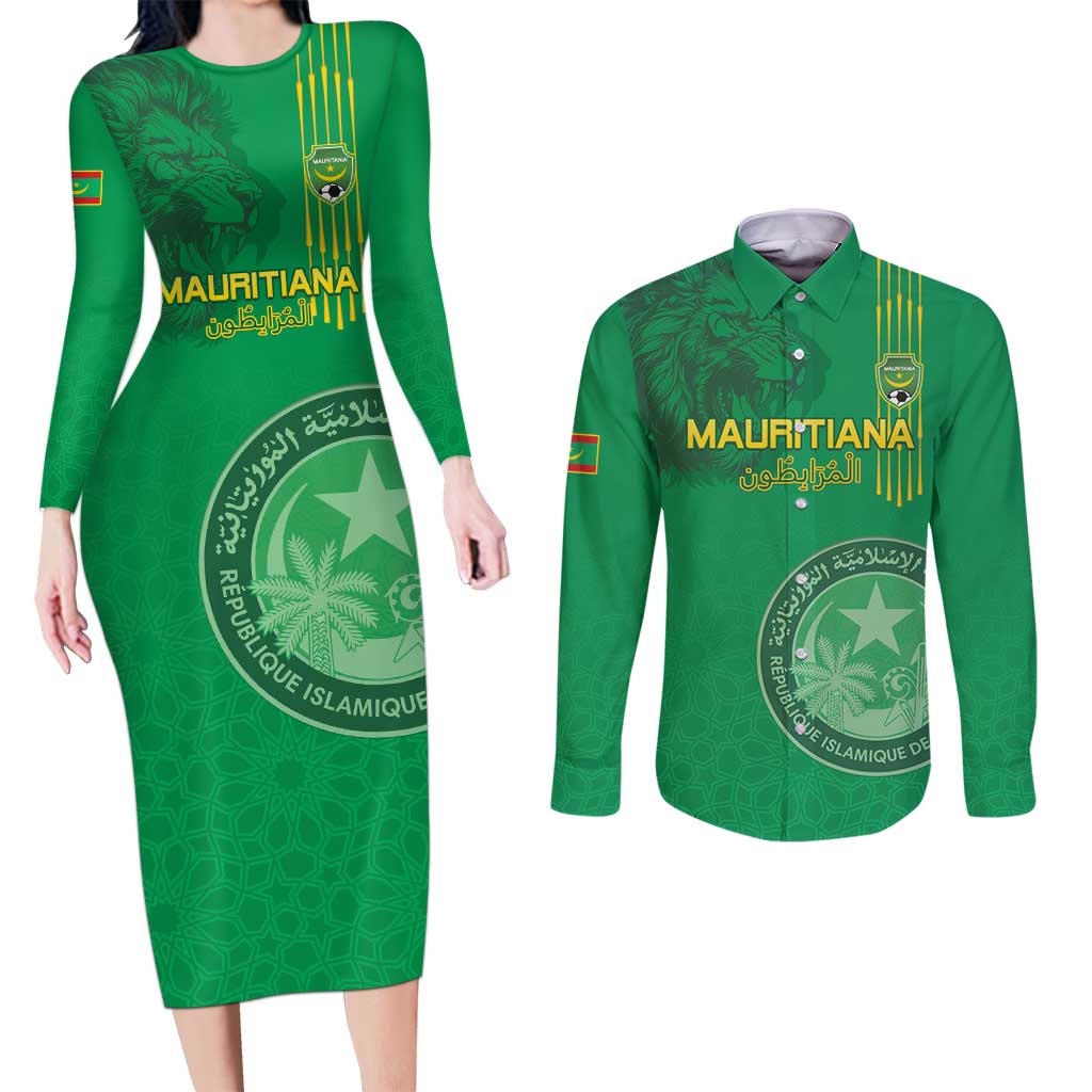 Custom Mauritania Football Couples Matching Long Sleeve Bodycon Dress and Long Sleeve Button Shirt Coat Of Arms With Islamic Pattern - Wonder Print Shop