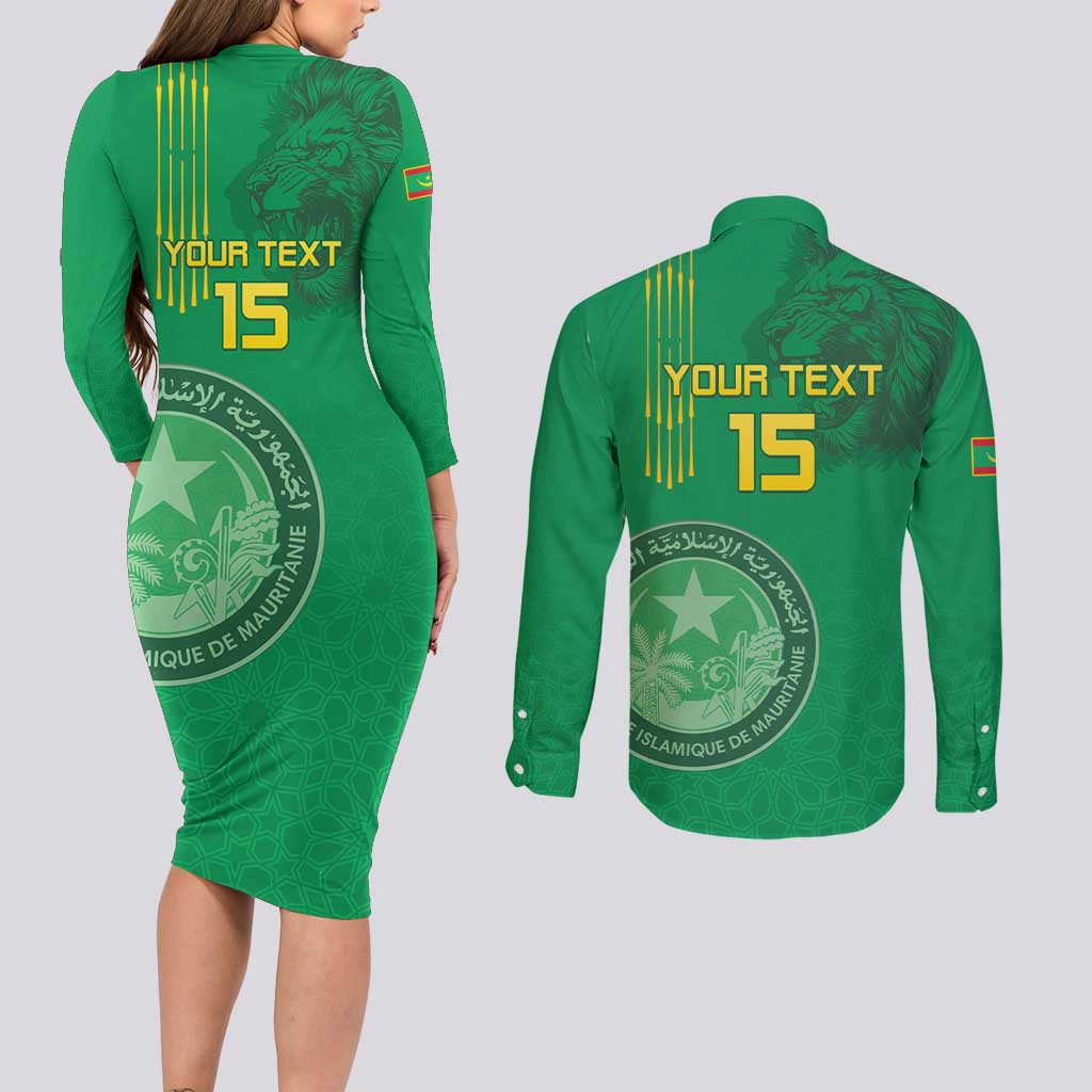 Custom Mauritania Football Couples Matching Long Sleeve Bodycon Dress and Long Sleeve Button Shirt Coat Of Arms With Islamic Pattern - Wonder Print Shop