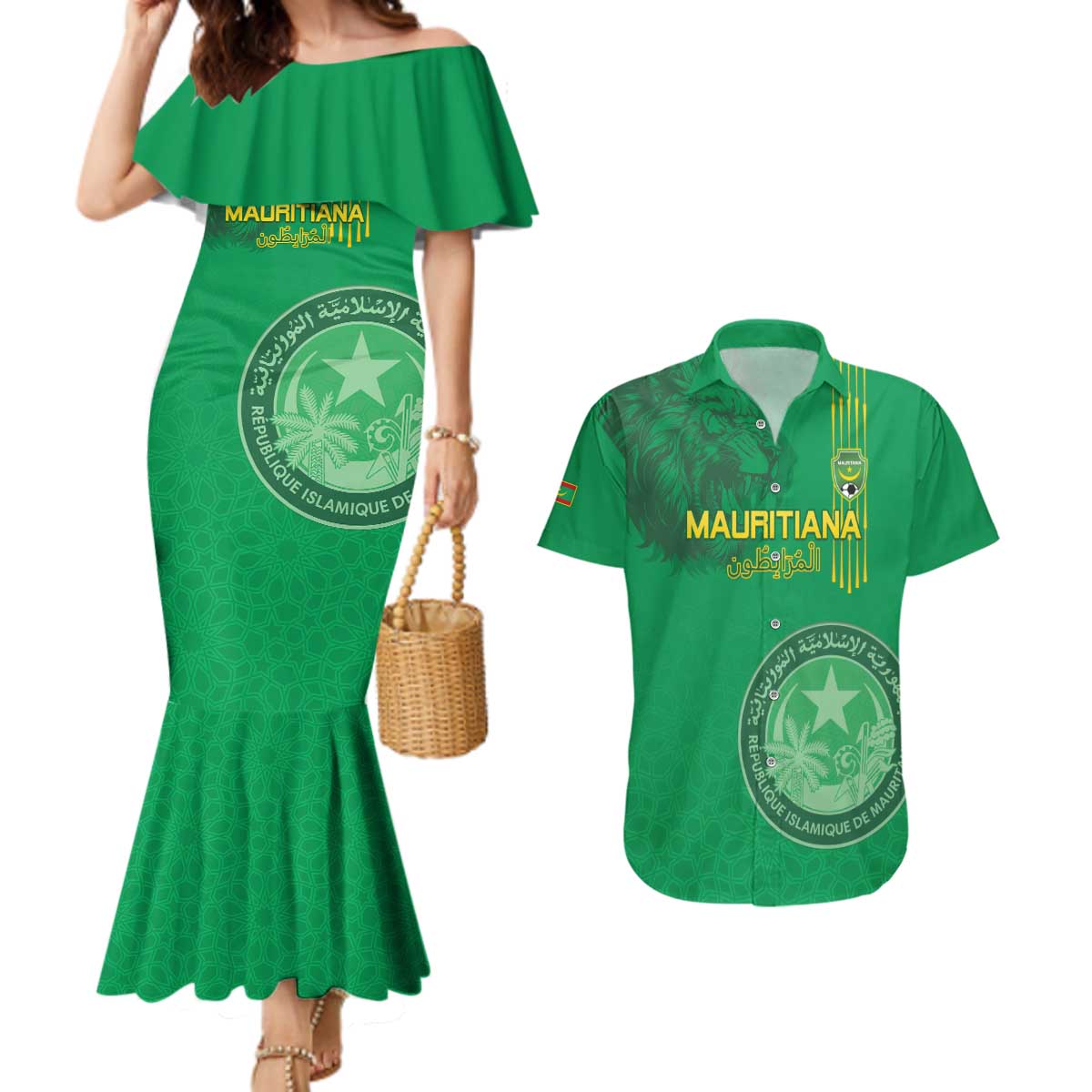 Custom Mauritania Football Couples Matching Mermaid Dress and Hawaiian Shirt Coat Of Arms With Islamic Pattern - Wonder Print Shop