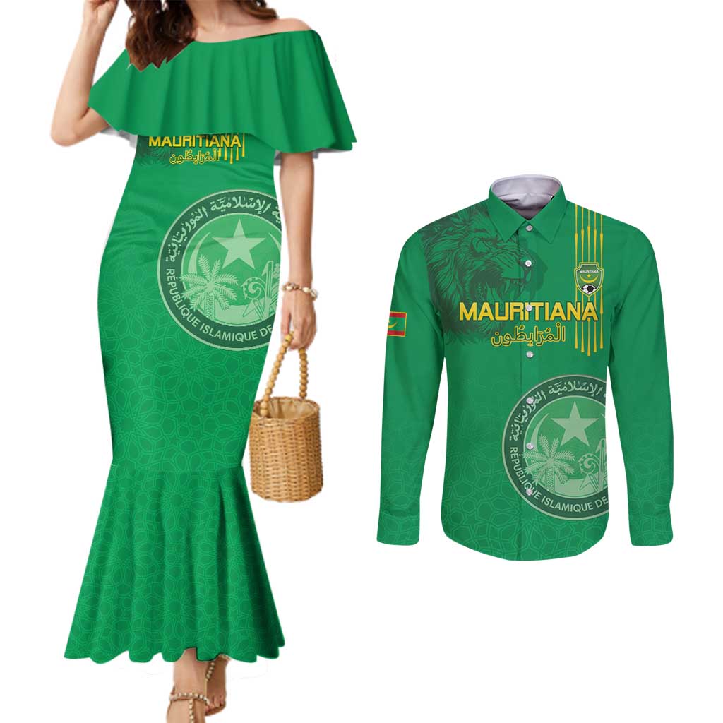 Custom Mauritania Football Couples Matching Mermaid Dress and Long Sleeve Button Shirt Coat Of Arms With Islamic Pattern - Wonder Print Shop