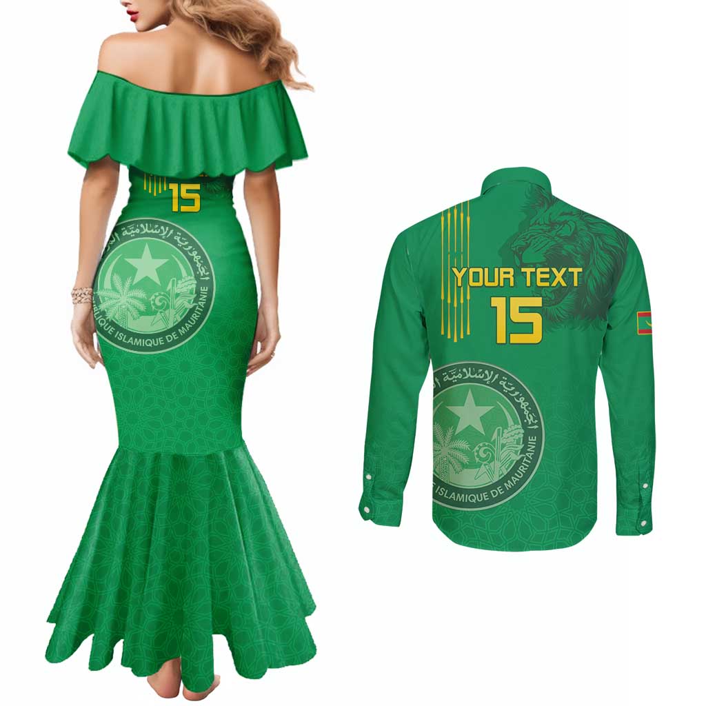 Custom Mauritania Football Couples Matching Mermaid Dress and Long Sleeve Button Shirt Coat Of Arms With Islamic Pattern - Wonder Print Shop