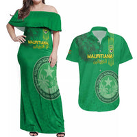 Custom Mauritania Football Couples Matching Off Shoulder Maxi Dress and Hawaiian Shirt Coat Of Arms With Islamic Pattern - Wonder Print Shop