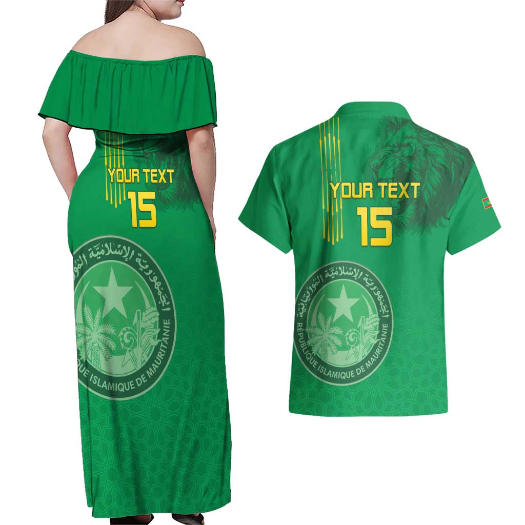 Custom Mauritania Football Couples Matching Off Shoulder Maxi Dress and Hawaiian Shirt Coat Of Arms With Islamic Pattern - Wonder Print Shop
