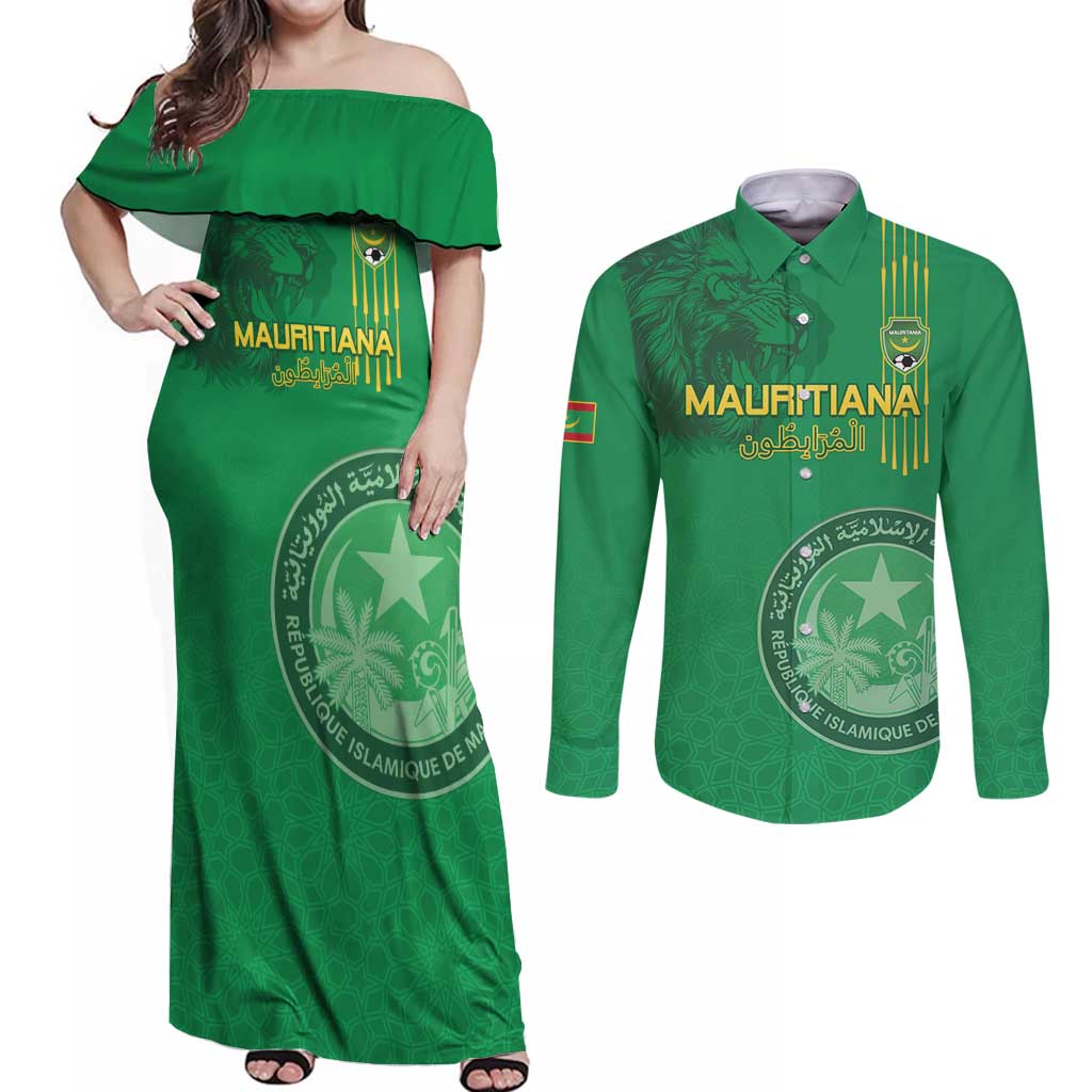 Custom Mauritania Football Couples Matching Off Shoulder Maxi Dress and Long Sleeve Button Shirt Coat Of Arms With Islamic Pattern - Wonder Print Shop
