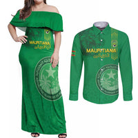 Custom Mauritania Football Couples Matching Off Shoulder Maxi Dress and Long Sleeve Button Shirt Coat Of Arms With Islamic Pattern - Wonder Print Shop