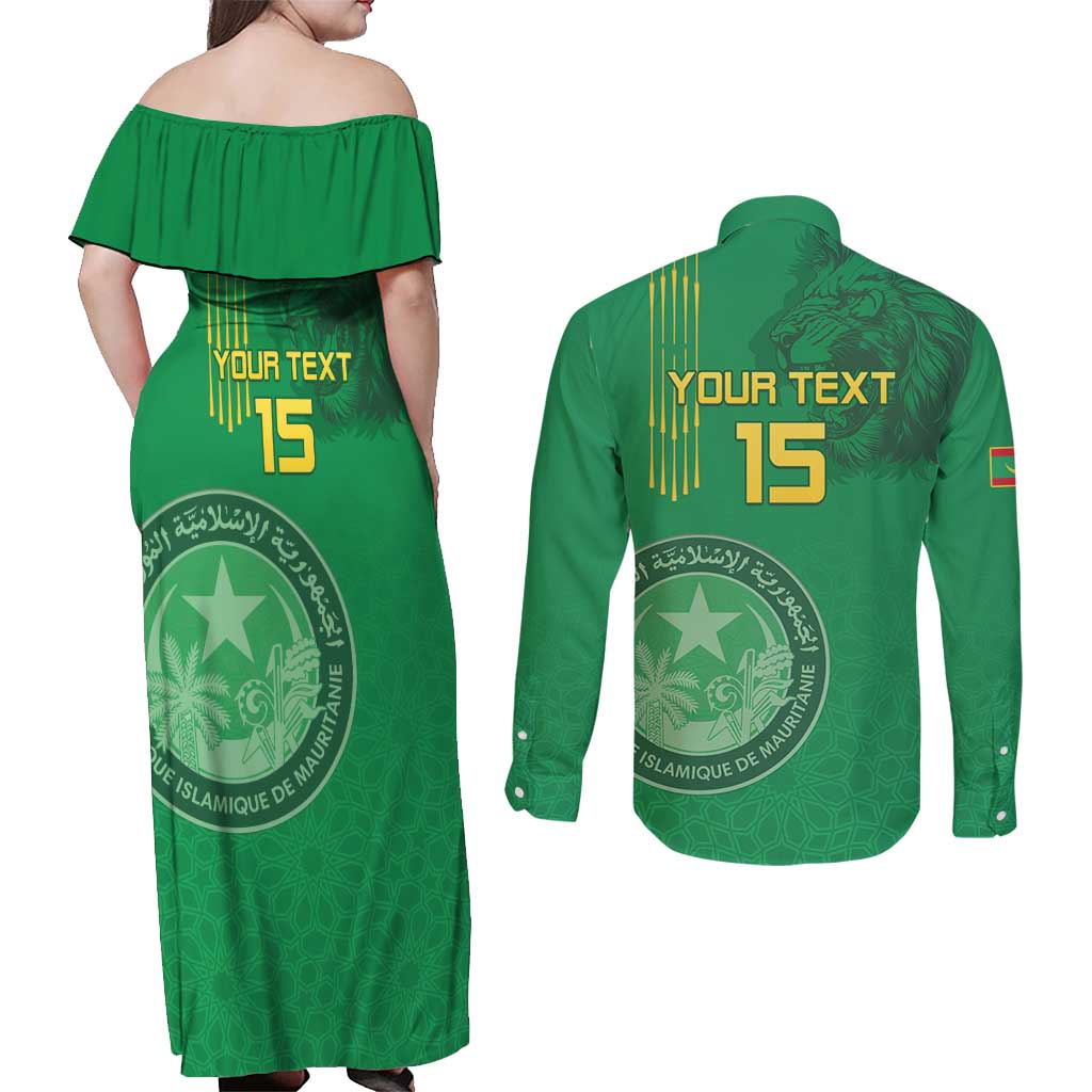 Custom Mauritania Football Couples Matching Off Shoulder Maxi Dress and Long Sleeve Button Shirt Coat Of Arms With Islamic Pattern - Wonder Print Shop