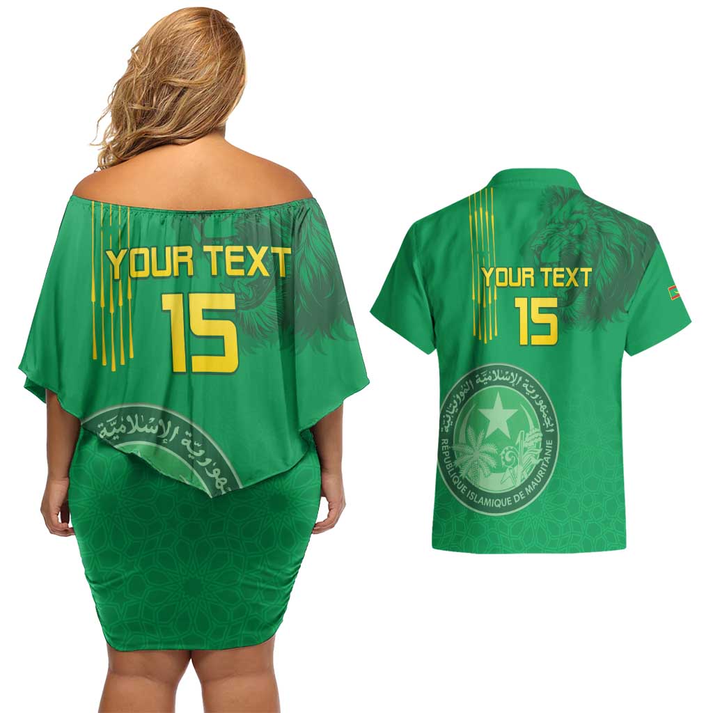 Custom Mauritania Football Couples Matching Off Shoulder Short Dress and Hawaiian Shirt Coat Of Arms With Islamic Pattern - Wonder Print Shop