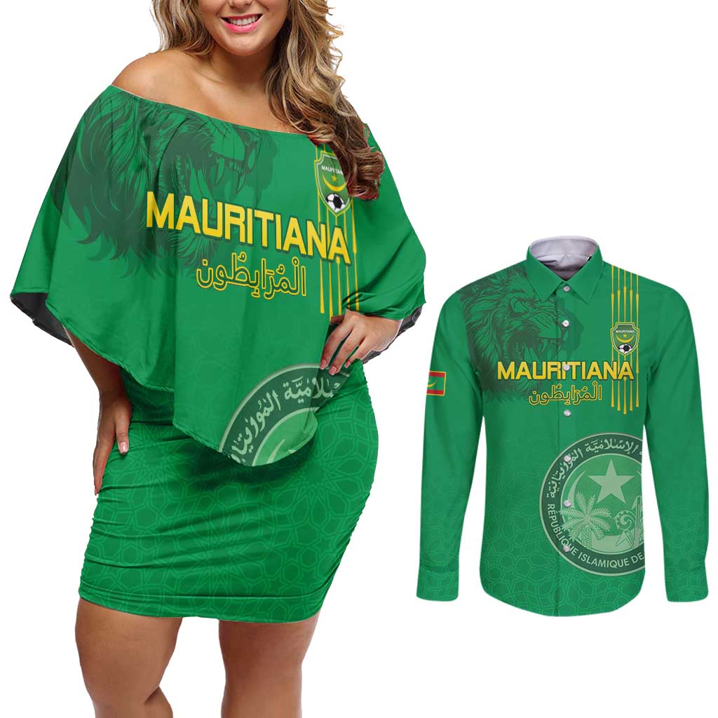 Custom Mauritania Football Couples Matching Off Shoulder Short Dress and Long Sleeve Button Shirt Coat Of Arms With Islamic Pattern - Wonder Print Shop