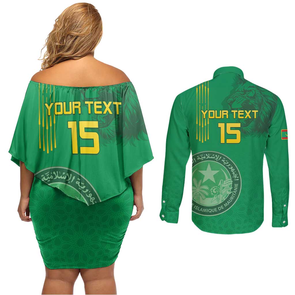 Custom Mauritania Football Couples Matching Off Shoulder Short Dress and Long Sleeve Button Shirt Coat Of Arms With Islamic Pattern - Wonder Print Shop