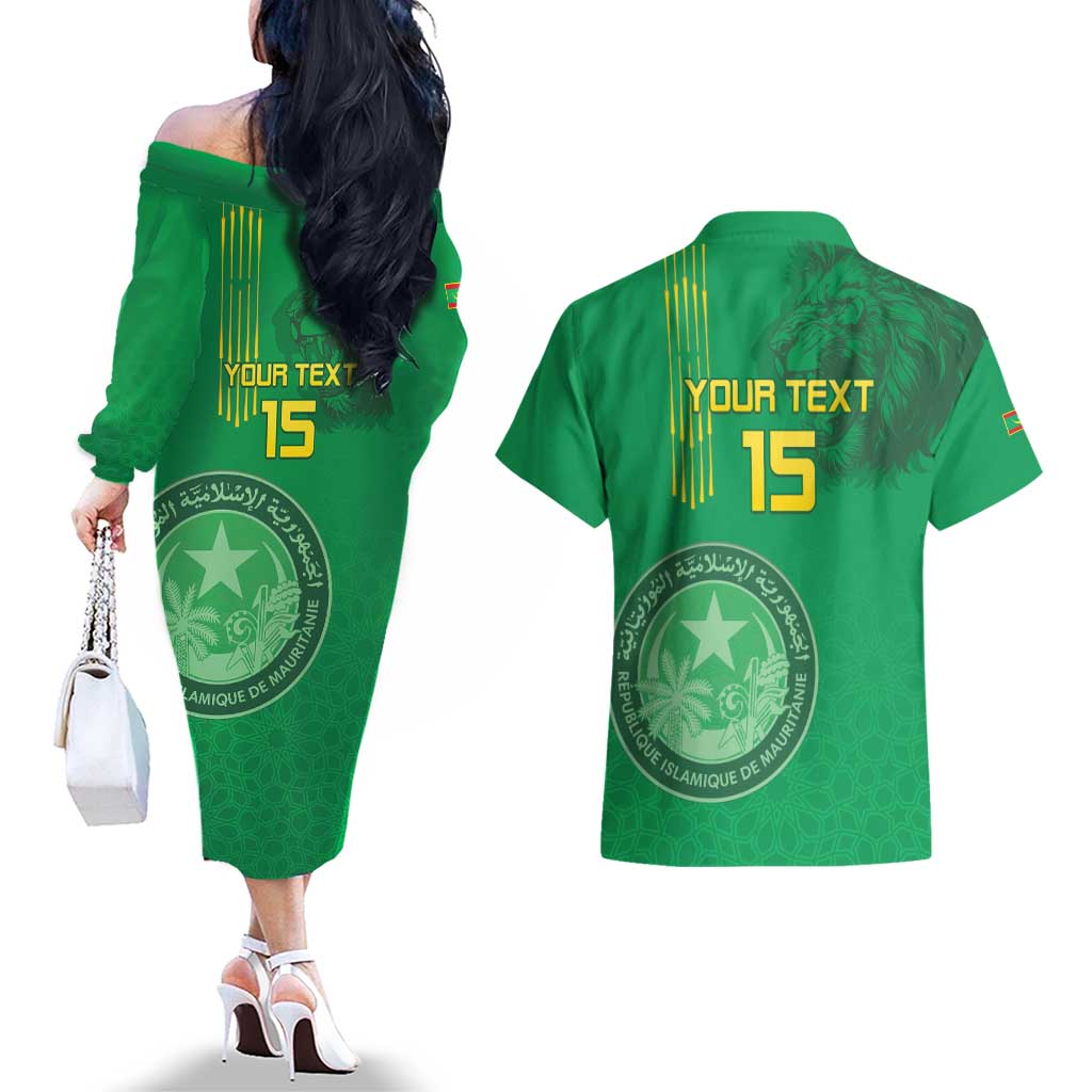 Custom Mauritania Football Couples Matching Off The Shoulder Long Sleeve Dress and Hawaiian Shirt Coat Of Arms With Islamic Pattern - Wonder Print Shop