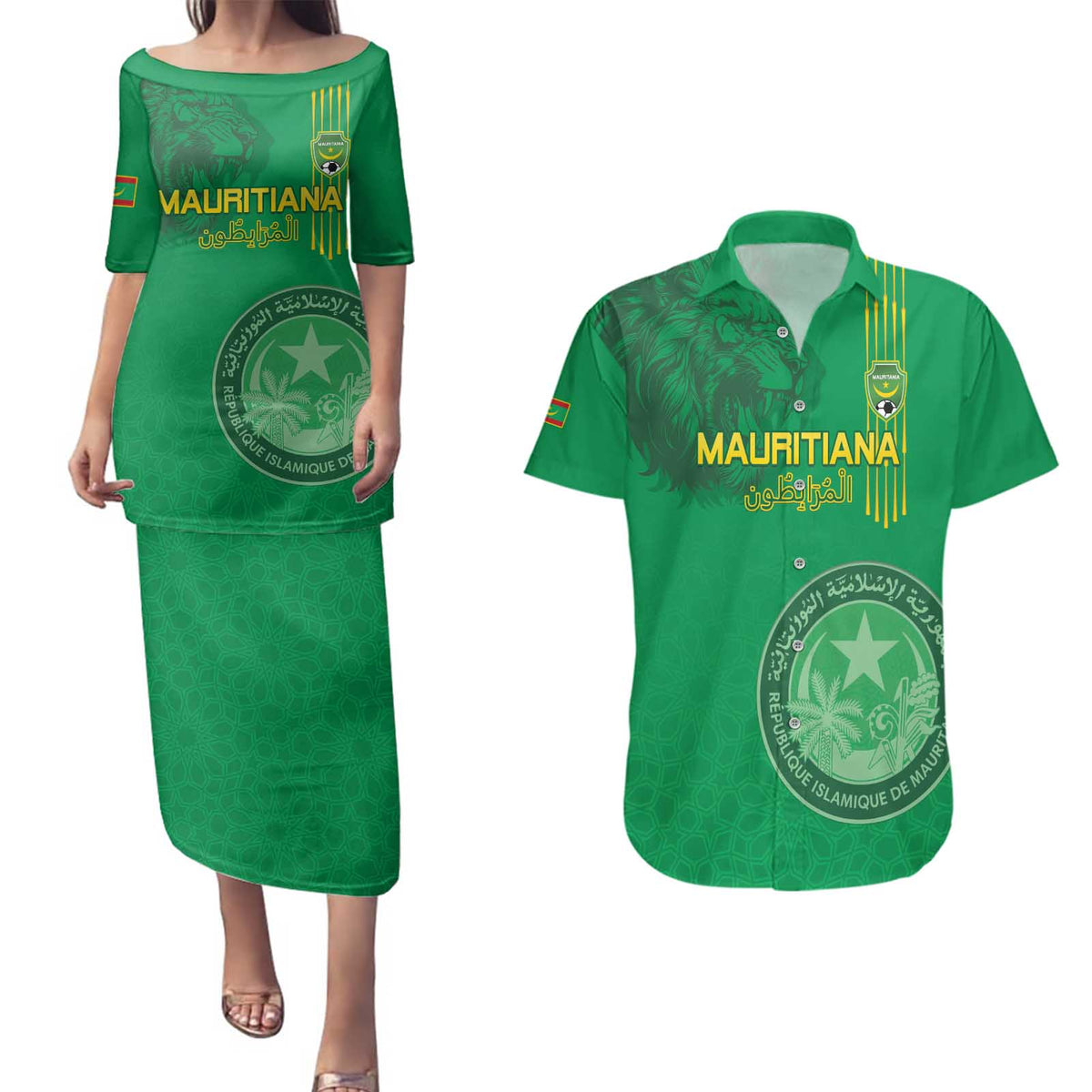 Custom Mauritania Football Couples Matching Puletasi and Hawaiian Shirt Coat Of Arms With Islamic Pattern - Wonder Print Shop