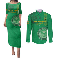 Custom Mauritania Football Couples Matching Puletasi and Long Sleeve Button Shirt Coat Of Arms With Islamic Pattern - Wonder Print Shop