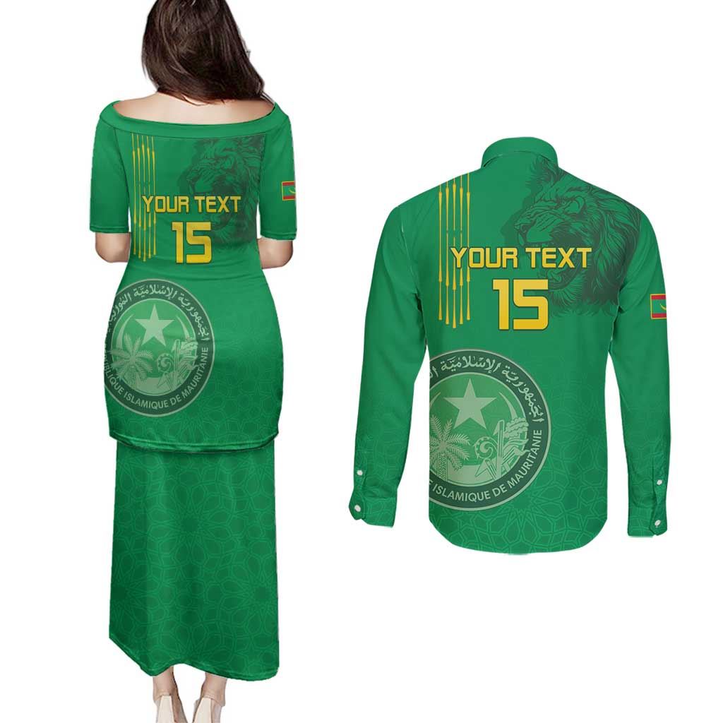Custom Mauritania Football Couples Matching Puletasi and Long Sleeve Button Shirt Coat Of Arms With Islamic Pattern - Wonder Print Shop