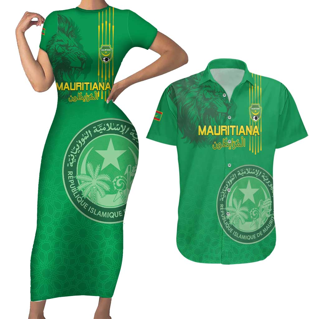 Custom Mauritania Football Couples Matching Short Sleeve Bodycon Dress and Hawaiian Shirt Coat Of Arms With Islamic Pattern - Wonder Print Shop