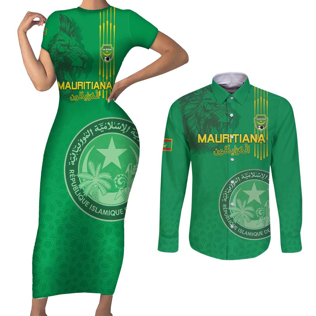 Custom Mauritania Football Couples Matching Short Sleeve Bodycon Dress and Long Sleeve Button Shirt Coat Of Arms With Islamic Pattern - Wonder Print Shop