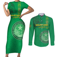 Custom Mauritania Football Couples Matching Short Sleeve Bodycon Dress and Long Sleeve Button Shirt Coat Of Arms With Islamic Pattern - Wonder Print Shop