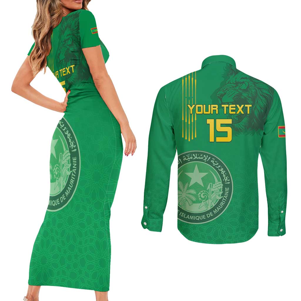 Custom Mauritania Football Couples Matching Short Sleeve Bodycon Dress and Long Sleeve Button Shirt Coat Of Arms With Islamic Pattern - Wonder Print Shop