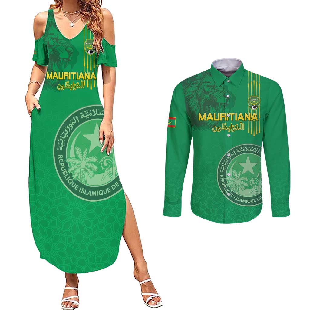 Custom Mauritania Football Couples Matching Summer Maxi Dress and Long Sleeve Button Shirt Coat Of Arms With Islamic Pattern - Wonder Print Shop