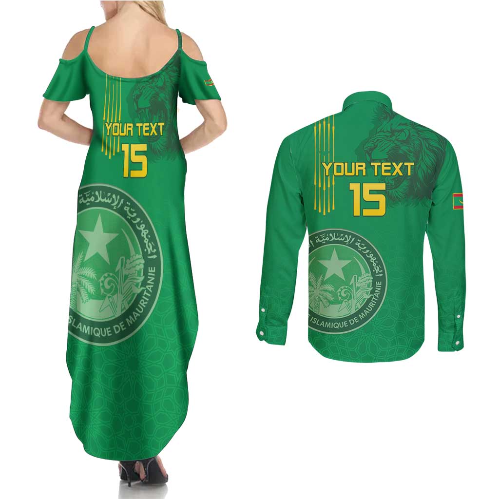 Custom Mauritania Football Couples Matching Summer Maxi Dress and Long Sleeve Button Shirt Coat Of Arms With Islamic Pattern - Wonder Print Shop