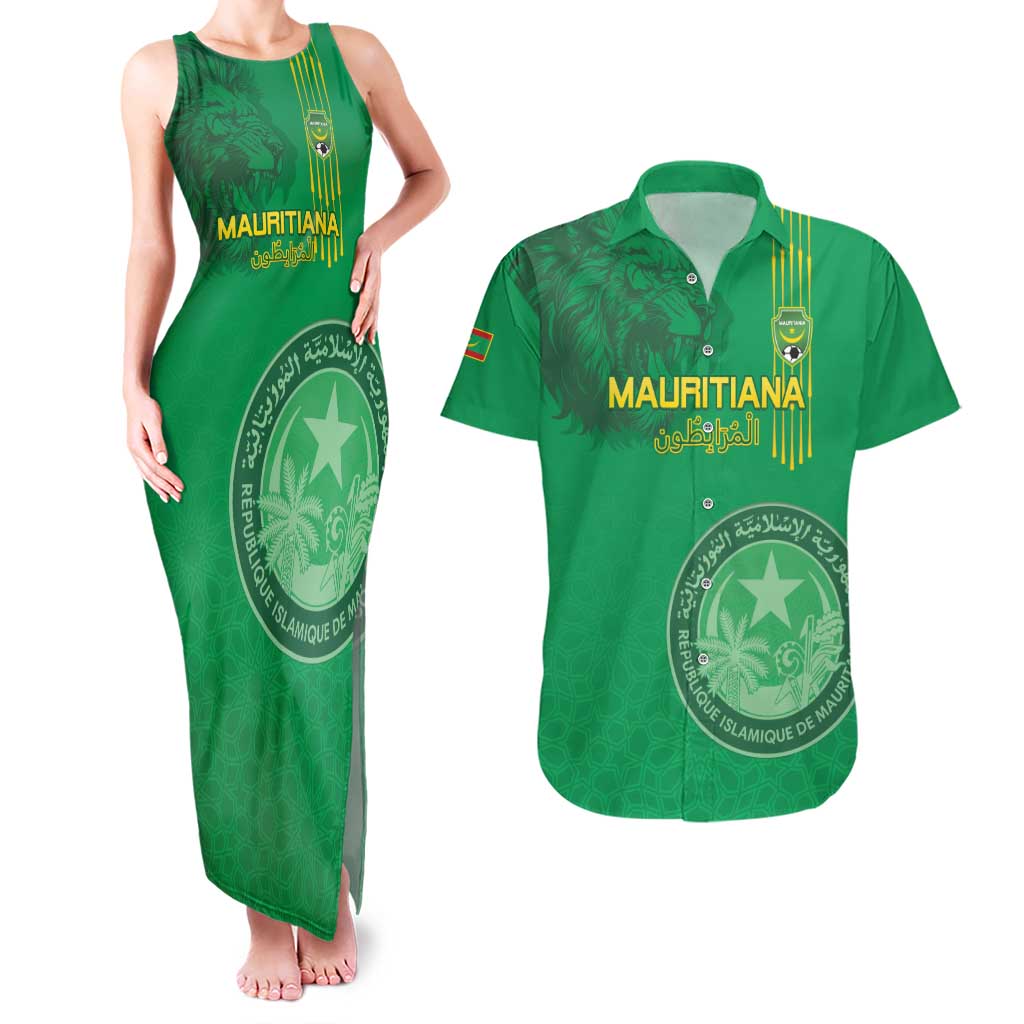 Custom Mauritania Football Couples Matching Tank Maxi Dress and Hawaiian Shirt Coat Of Arms With Islamic Pattern - Wonder Print Shop