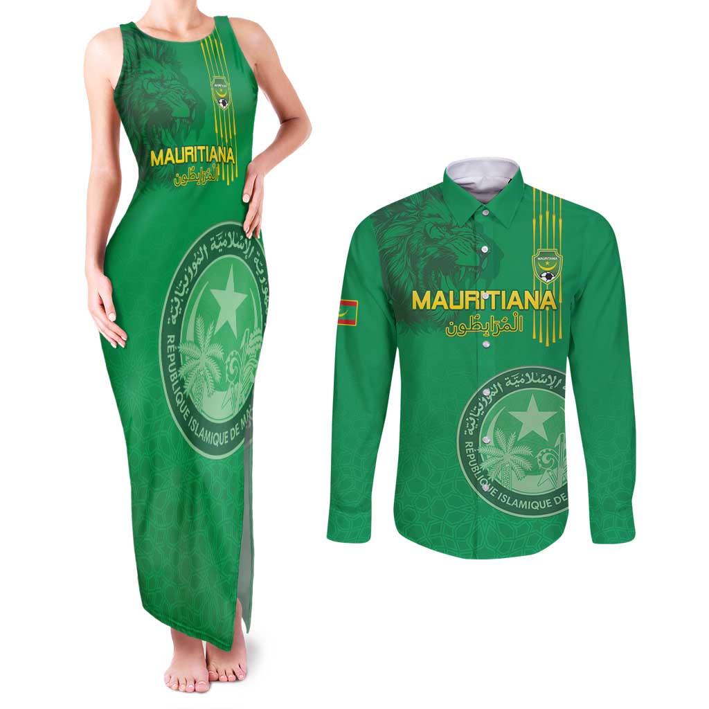 Custom Mauritania Football Couples Matching Tank Maxi Dress and Long Sleeve Button Shirt Coat Of Arms With Islamic Pattern - Wonder Print Shop