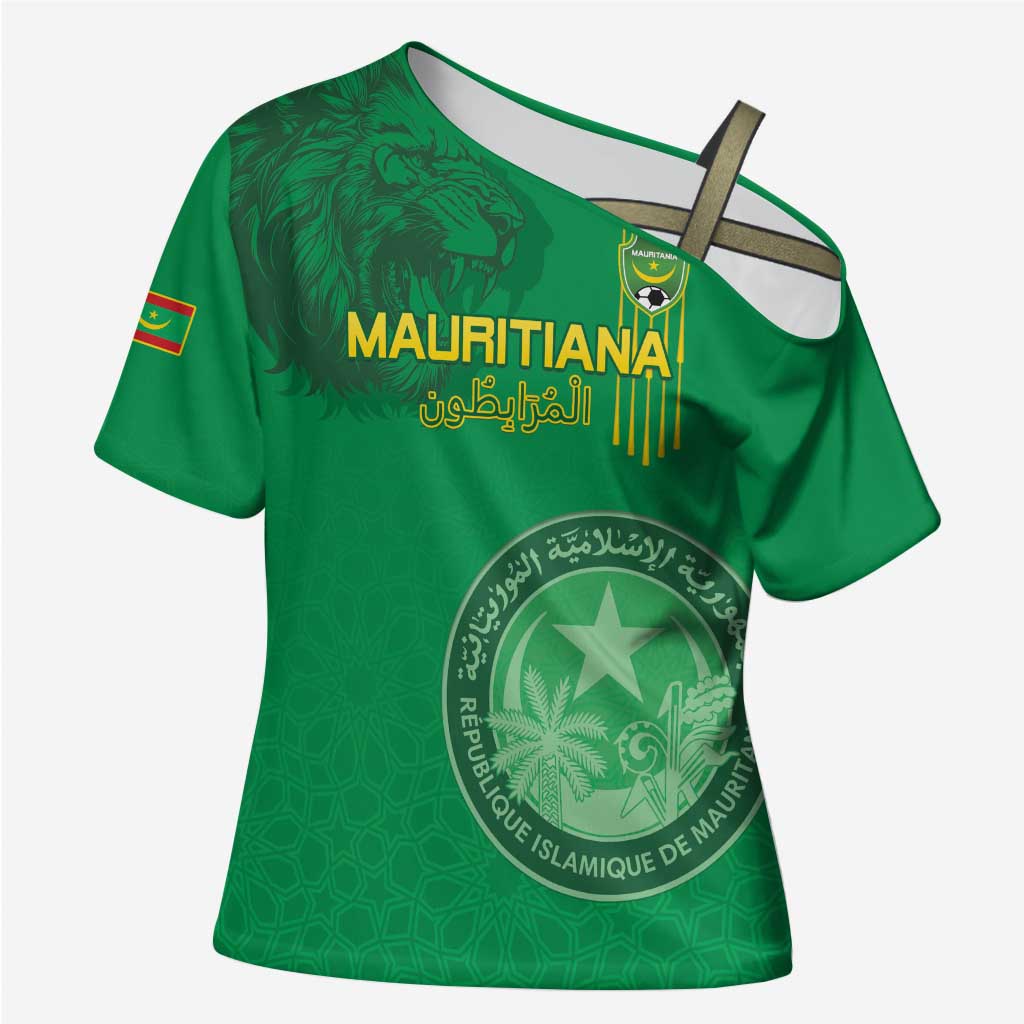 Custom Mauritania Football Cross Shoulder Shirt Coat Of Arms With Islamic Pattern - Wonder Print Shop