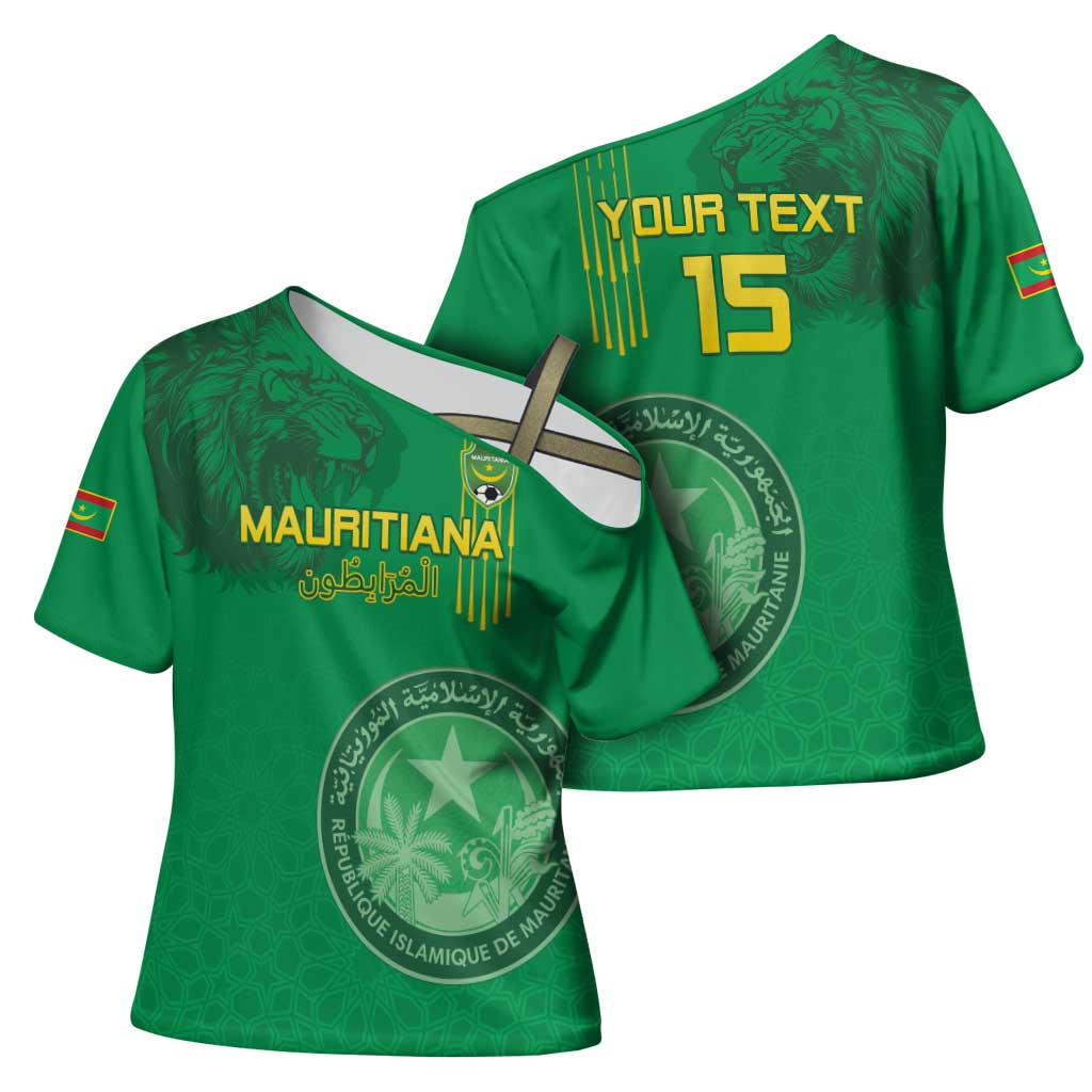 Custom Mauritania Football Cross Shoulder Shirt Coat Of Arms With Islamic Pattern - Wonder Print Shop