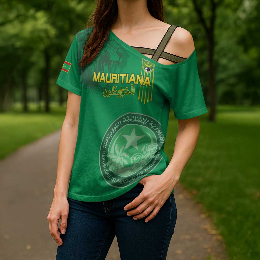 Custom Mauritania Football Cross Shoulder Shirt Coat Of Arms With Islamic Pattern - Wonder Print Shop