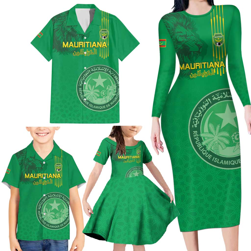 Custom Mauritania Football Family Matching Long Sleeve Bodycon Dress and Hawaiian Shirt Coat Of Arms With Islamic Pattern - Wonder Print Shop
