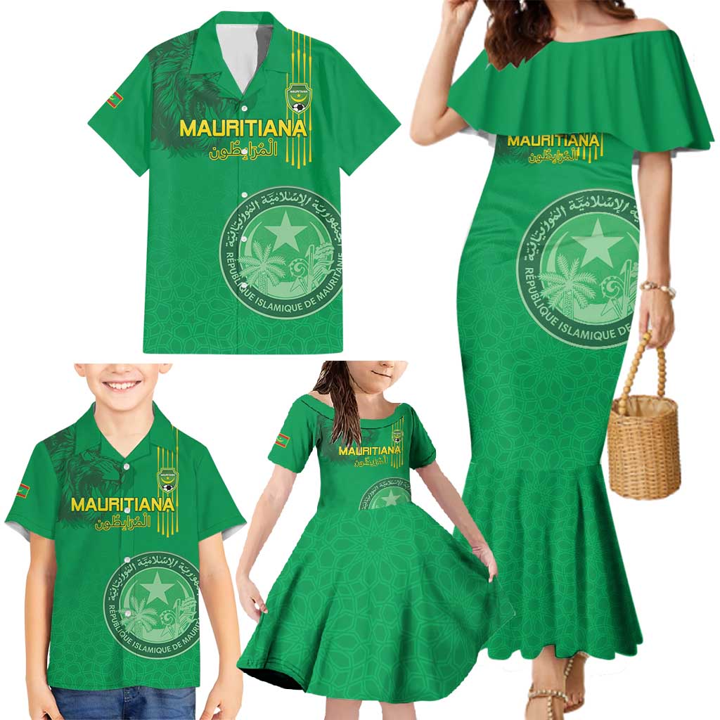 Custom Mauritania Football Family Matching Mermaid Dress and Hawaiian Shirt Coat Of Arms With Islamic Pattern - Wonder Print Shop