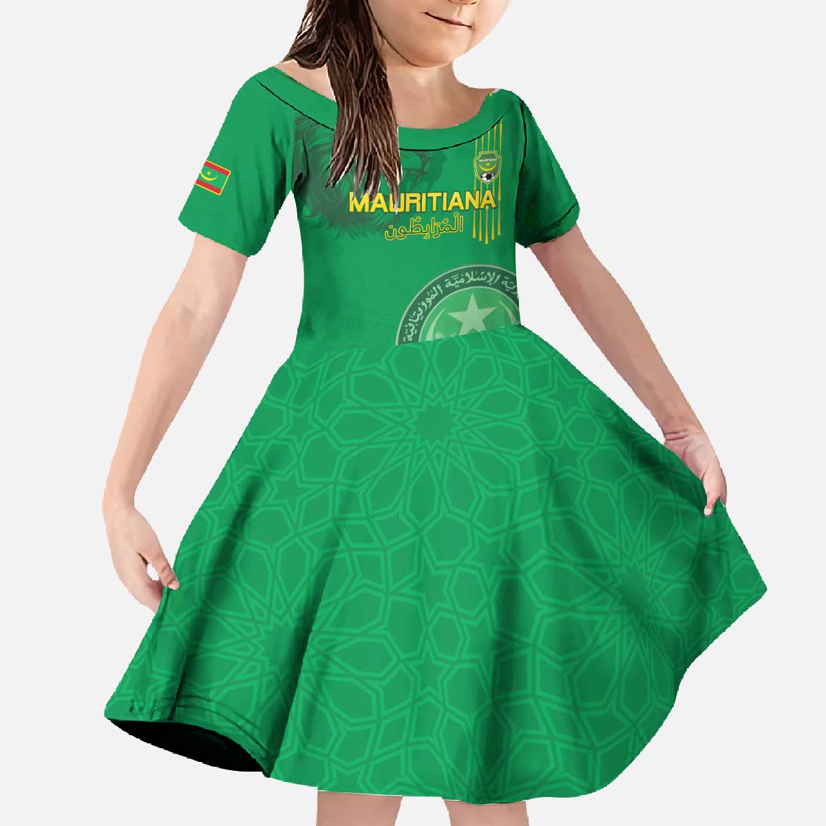 Custom Mauritania Football Family Matching Off The Shoulder Long Sleeve Dress and Hawaiian Shirt Coat Of Arms With Islamic Pattern - Wonder Print Shop