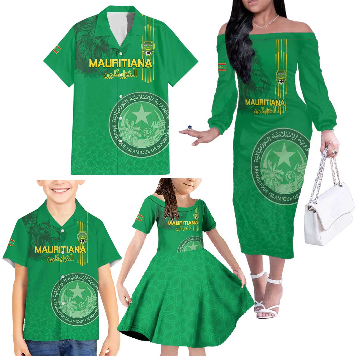 Custom Mauritania Football Family Matching Off The Shoulder Long Sleeve Dress and Hawaiian Shirt Coat Of Arms With Islamic Pattern - Wonder Print Shop