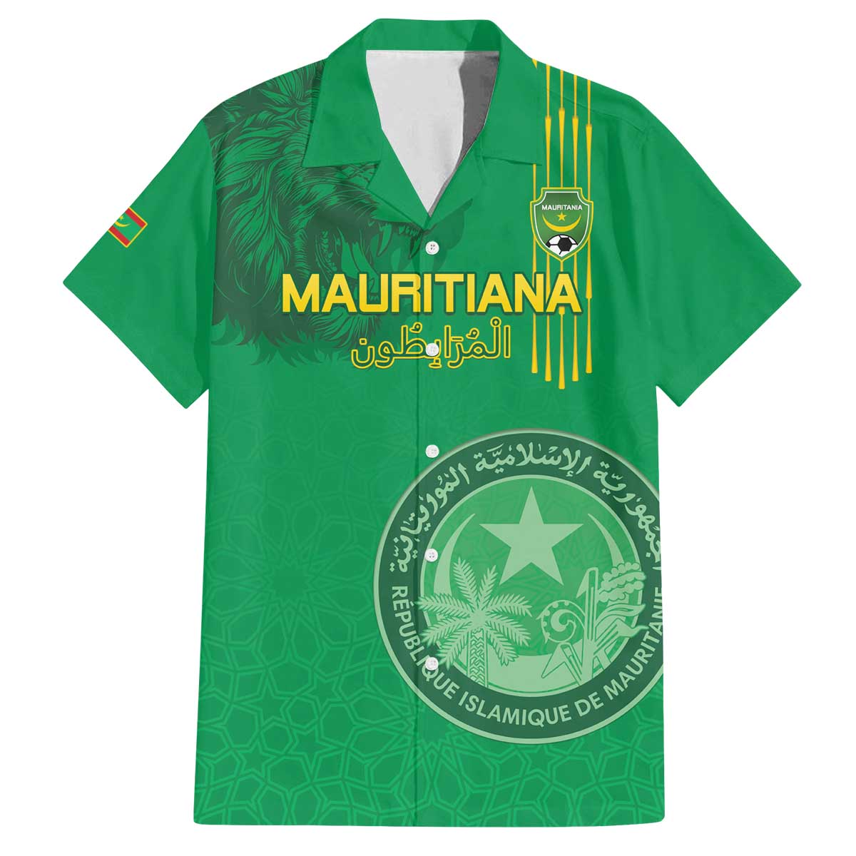 Custom Mauritania Football Family Matching Off The Shoulder Long Sleeve Dress and Hawaiian Shirt Coat Of Arms With Islamic Pattern - Wonder Print Shop