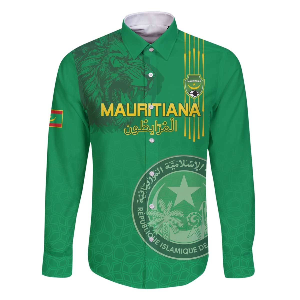 Custom Mauritania Football Family Matching Off The Shoulder Long Sleeve Dress and Hawaiian Shirt Coat Of Arms With Islamic Pattern - Wonder Print Shop