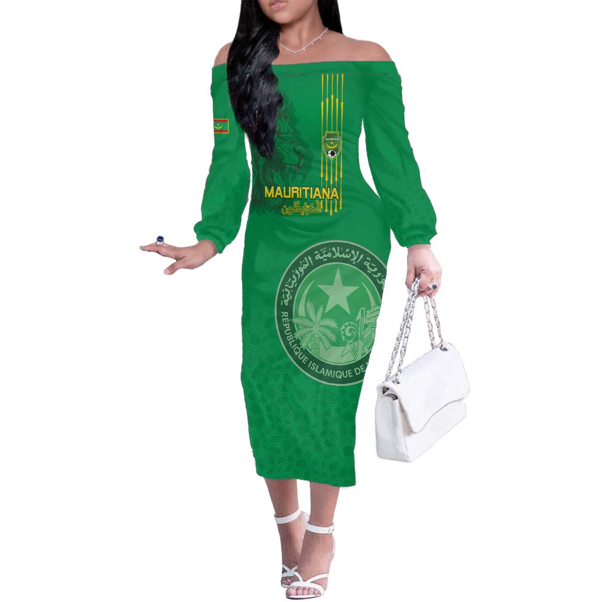 Custom Mauritania Football Family Matching Off The Shoulder Long Sleeve Dress and Hawaiian Shirt Coat Of Arms With Islamic Pattern - Wonder Print Shop