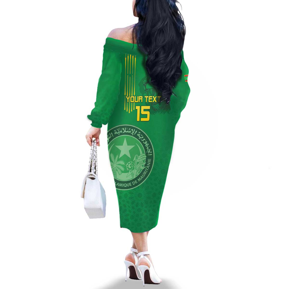 Custom Mauritania Football Family Matching Off The Shoulder Long Sleeve Dress and Hawaiian Shirt Coat Of Arms With Islamic Pattern - Wonder Print Shop
