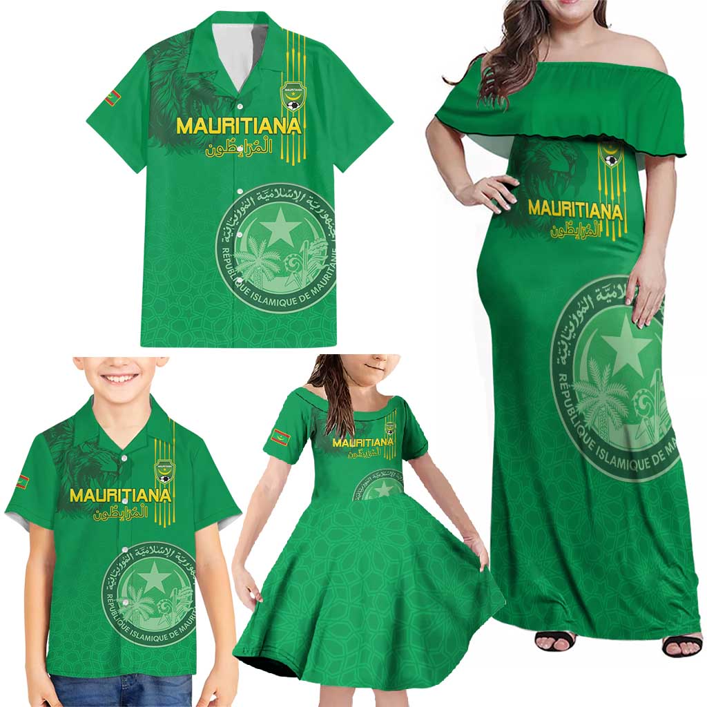 Custom Mauritania Football Family Matching Off Shoulder Maxi Dress and Hawaiian Shirt Coat Of Arms With Islamic Pattern - Wonder Print Shop
