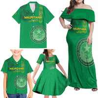 Custom Mauritania Football Family Matching Off Shoulder Maxi Dress and Hawaiian Shirt Coat Of Arms With Islamic Pattern - Wonder Print Shop