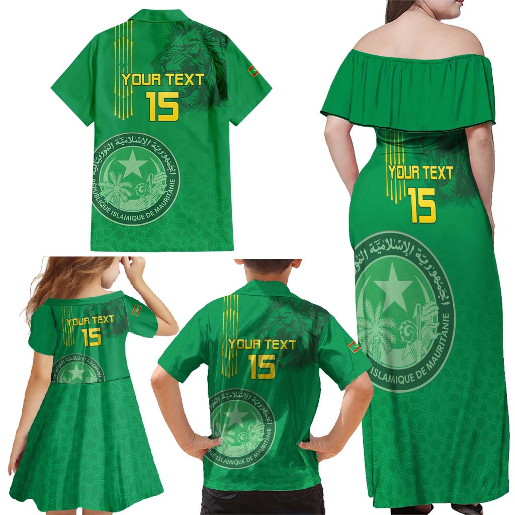 Custom Mauritania Football Family Matching Off Shoulder Maxi Dress and Hawaiian Shirt Coat Of Arms With Islamic Pattern - Wonder Print Shop