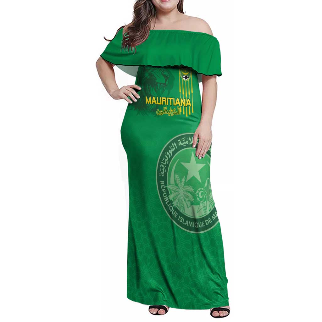 Custom Mauritania Football Family Matching Off Shoulder Maxi Dress and Hawaiian Shirt Coat Of Arms With Islamic Pattern - Wonder Print Shop