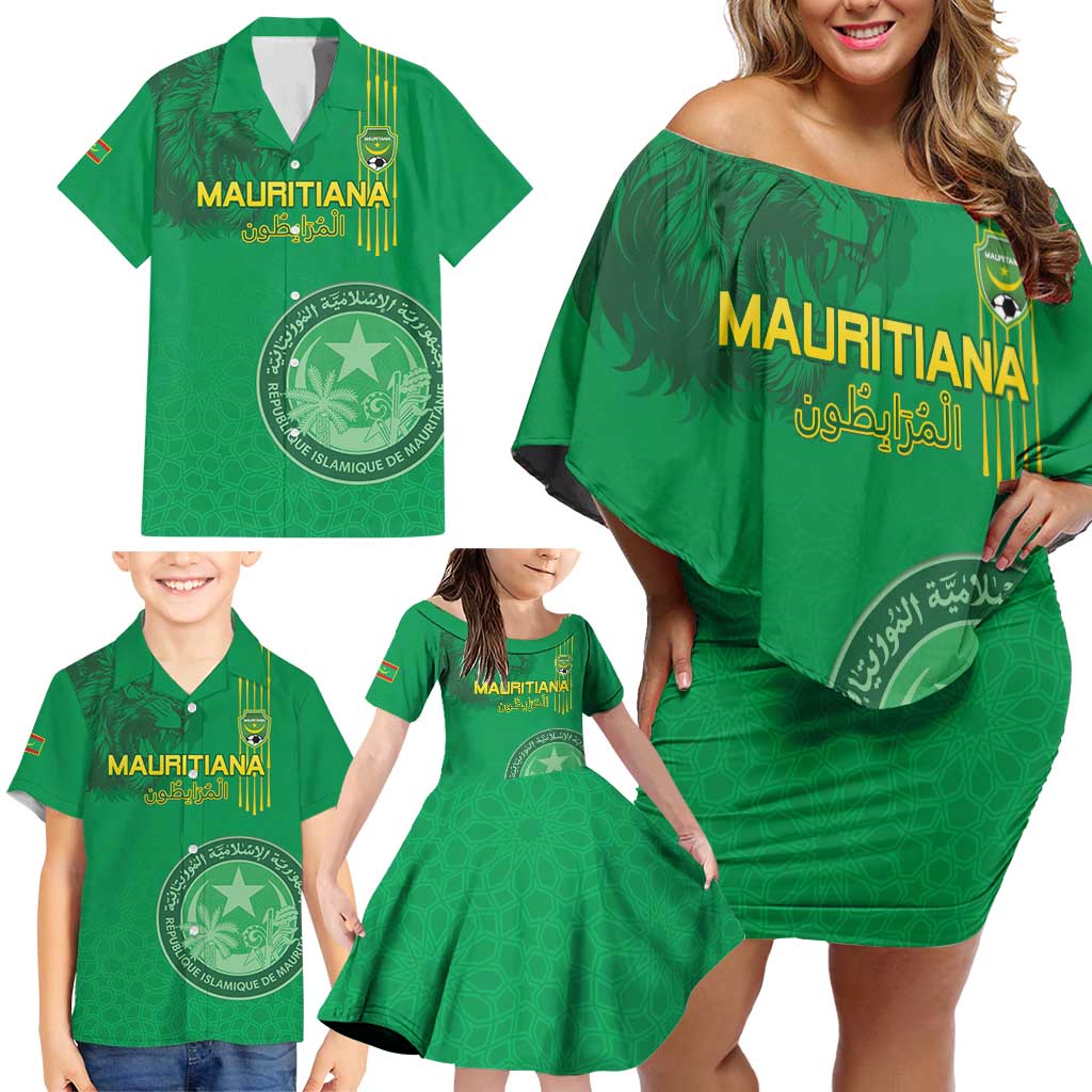 Custom Mauritania Football Family Matching Off Shoulder Short Dress and Hawaiian Shirt Coat Of Arms With Islamic Pattern - Wonder Print Shop