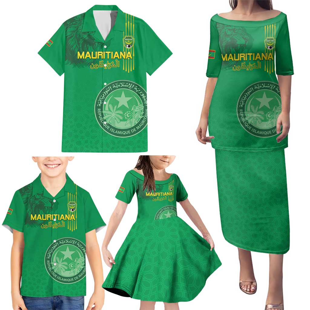 Custom Mauritania Football Family Matching Puletasi and Hawaiian Shirt Coat Of Arms With Islamic Pattern - Wonder Print Shop