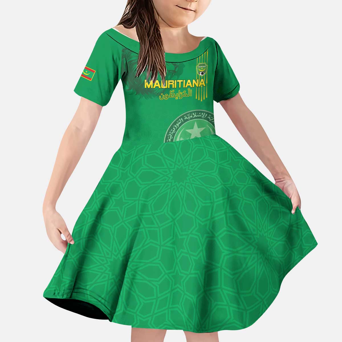 Custom Mauritania Football Kid Short Sleeve Dress Coat Of Arms With Islamic Pattern - Wonder Print Shop